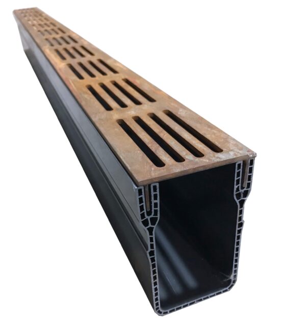 1m Threshold Slim Drain with Corten Steel Grating (65 x 100mm Deep)