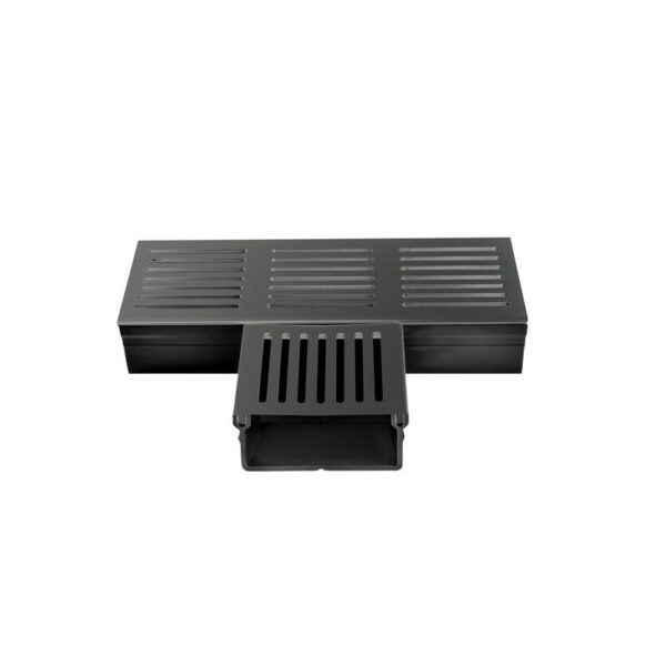 Threshold Slim+ Drain T-Unit with Black Aluminium Grating (105 x 50mm Shallow)